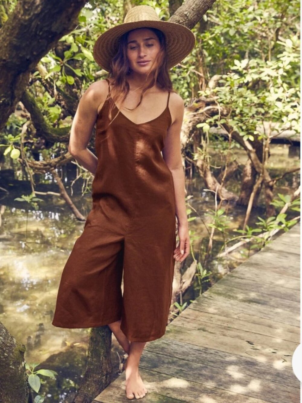 Athleta Cinnamon La Paz Wide Leg Linen Romper- Pockets- Adjustable Strap- 8 - Picture 5 of 13